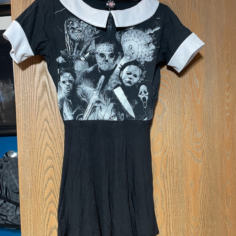 Black Horror Graphic Dress with White Collar